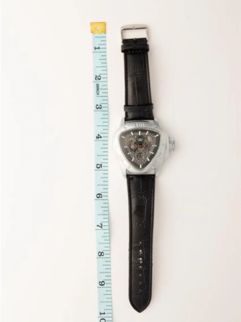Triangular Silver Case Skeleton Dial Watch with Black Leather Strap